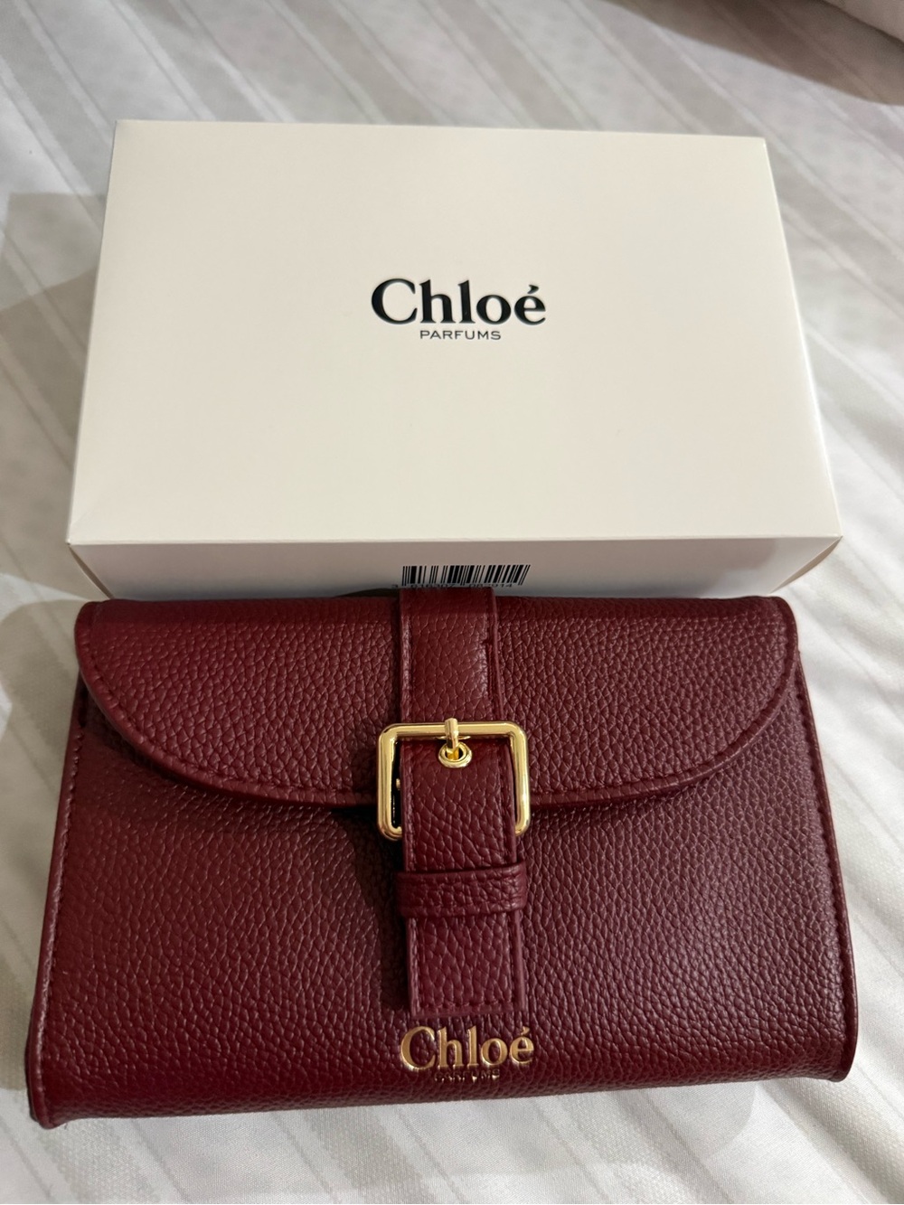 Chloe Burgundy Leather Wallet with Gold Buckle NWT